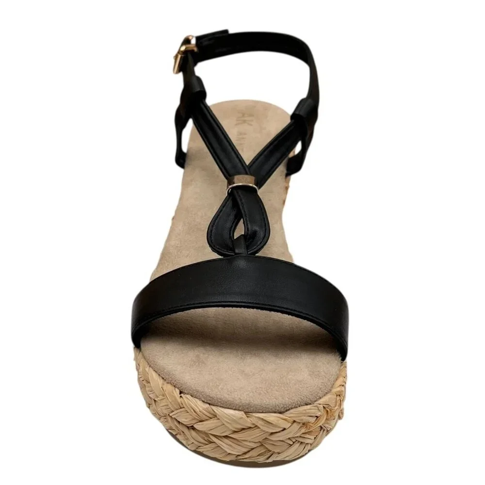 Anne Klein Akwanessa Women’s Espadrille‎ Wedge Sandals Size 9 Black-Tan Strappy